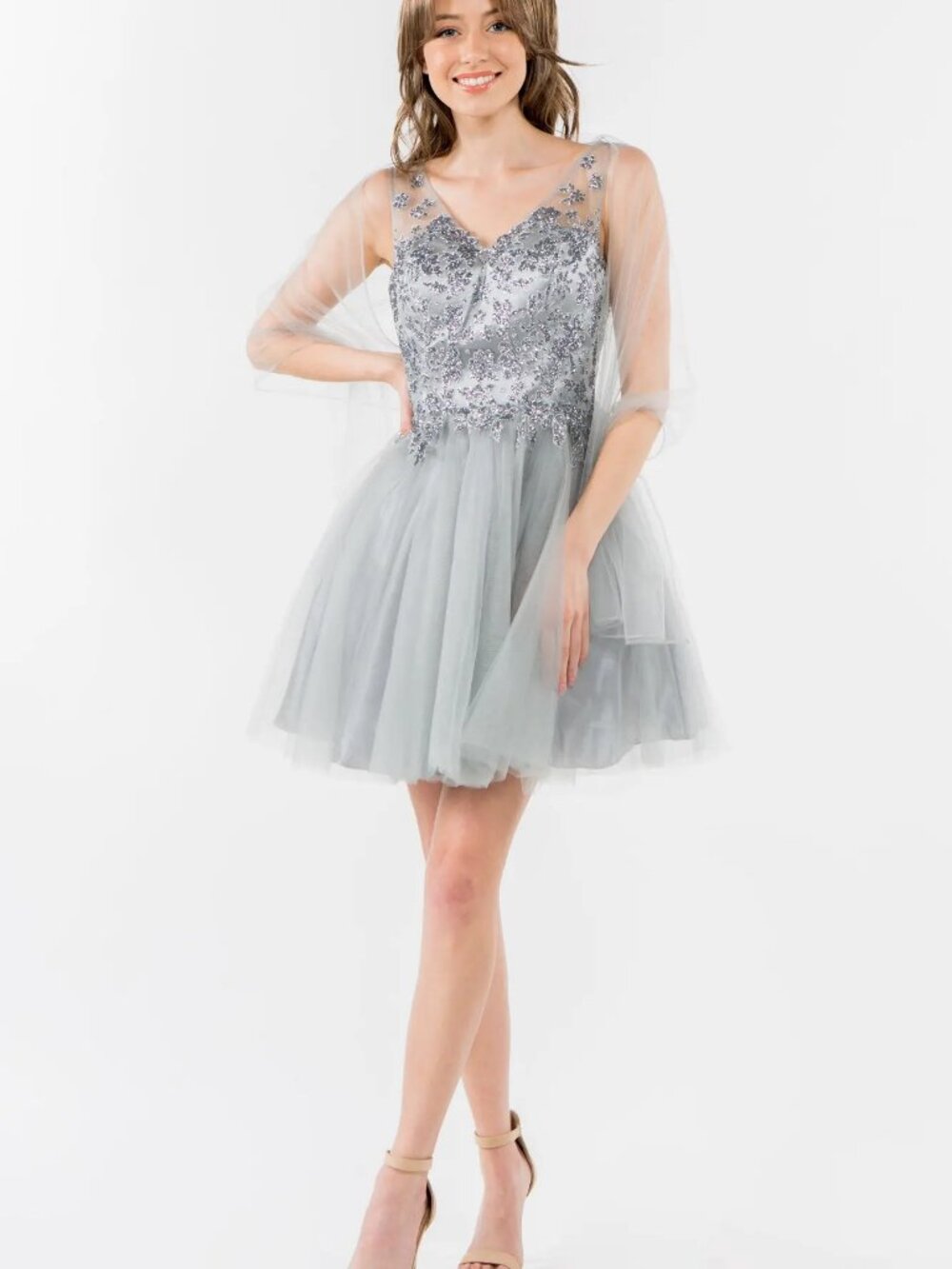 NEW SILVER Mesh & Glitter Cocktail Dress Formal Elegant Stunning GS1968